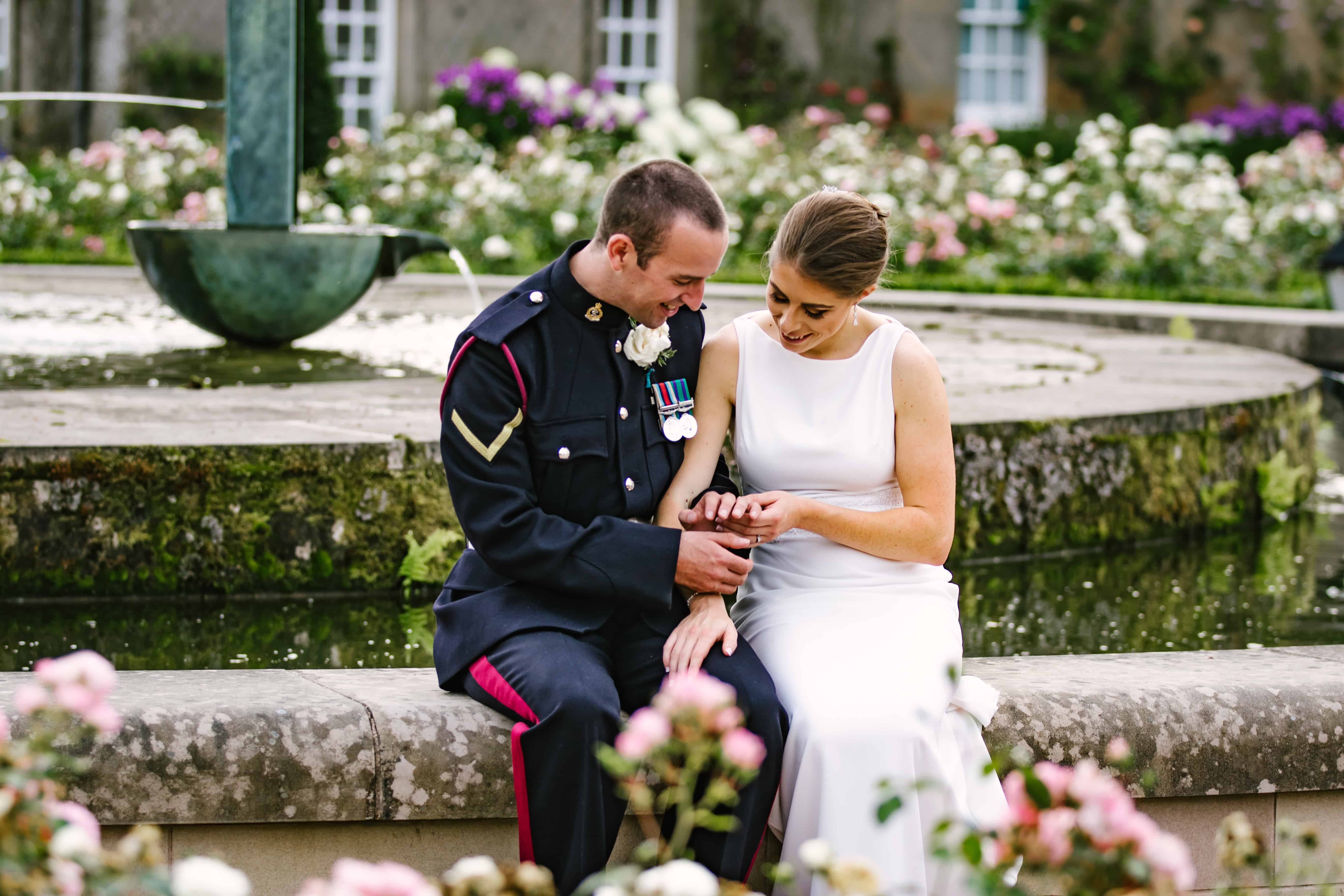 Anna & David — Military wedding by rose garden fountain